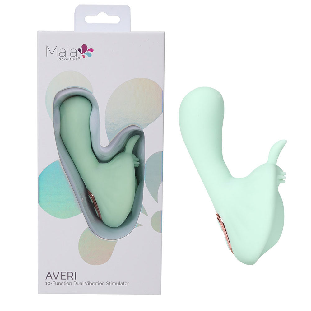 Maia AVERI -  -  USB Rechargeable Vibrator in mint green packaging showcasing dual vibration features.