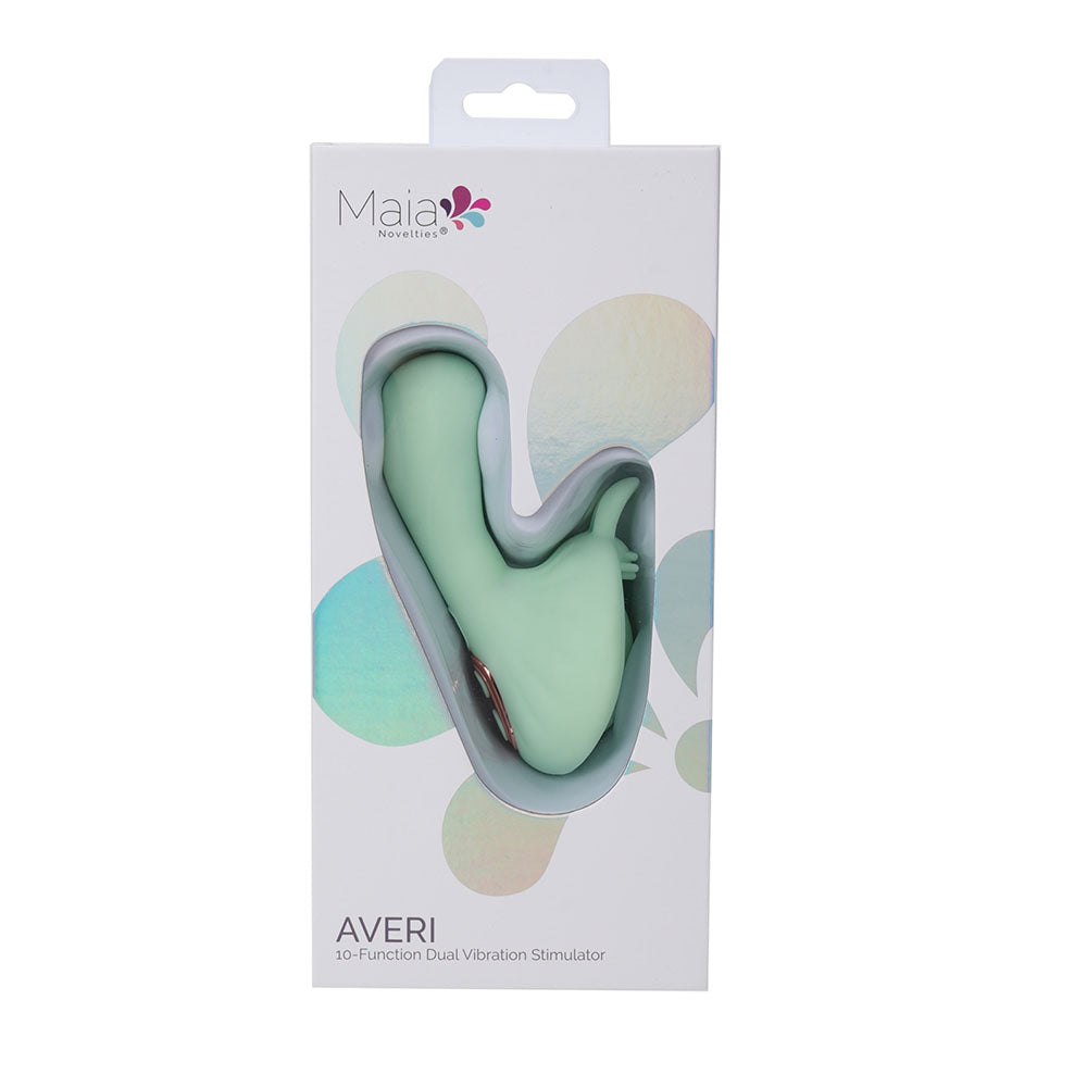Maia AVERI -  -  USB Rechargeable Vibrator in packaging showcasing its 10-function dual stimulation features.