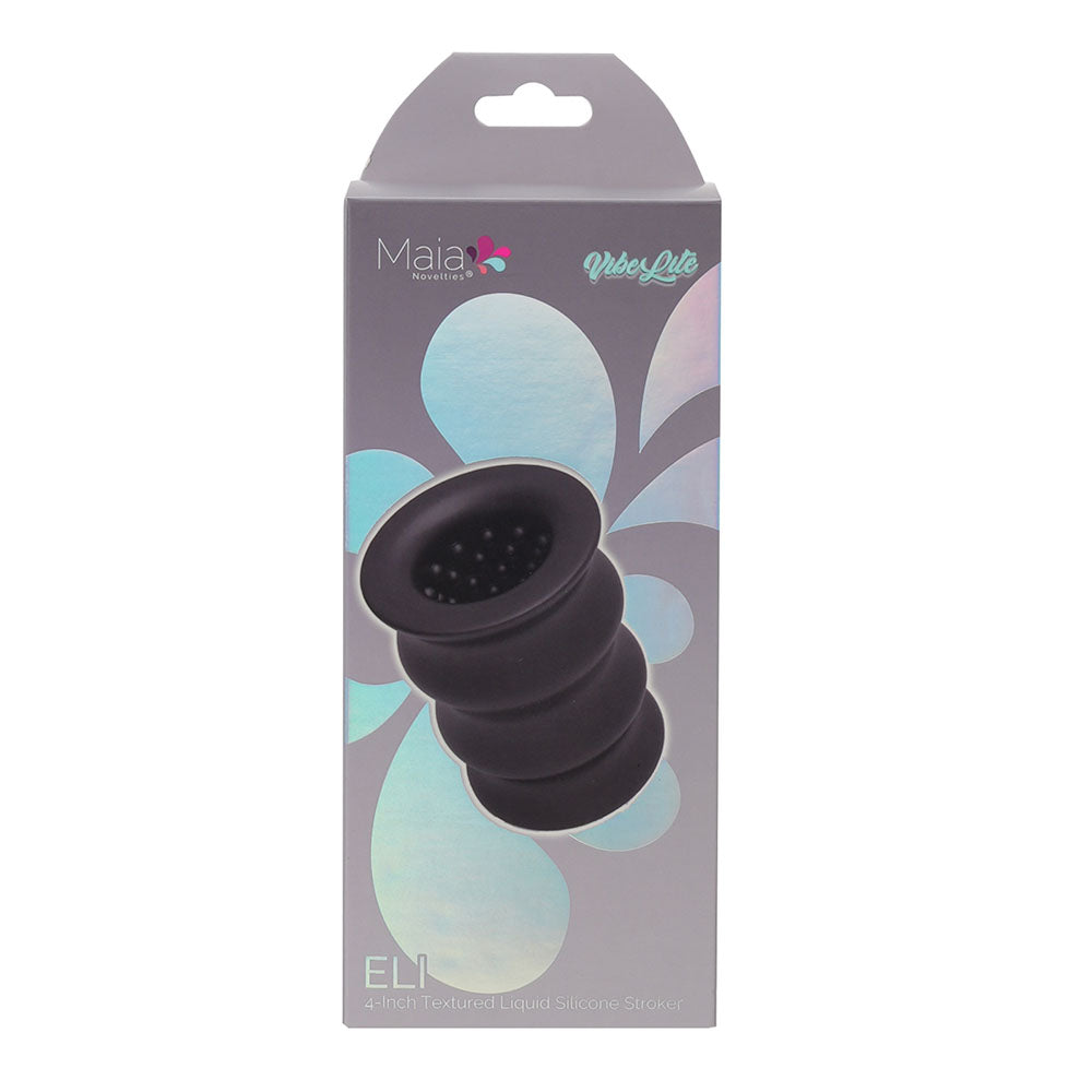 Maia ELI - 10 cm Stroker Sleeve packaging showcasing the black silicone design and textured interior for increased stimulation.