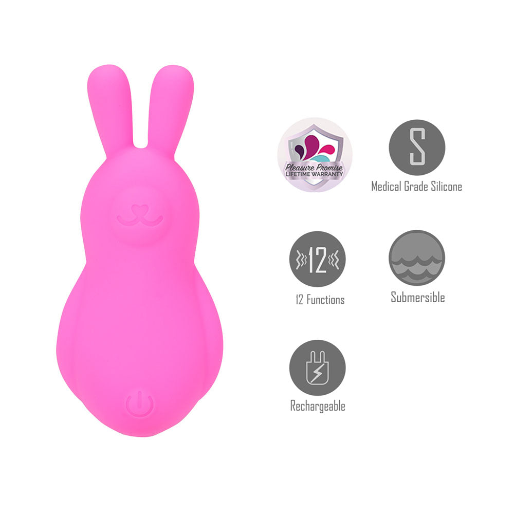 Maia BRI -  -  9 cm USB Rechargeable Vibrating Bunny Bullet in pink silicone with 12 functions, submersible, and rechargeable.