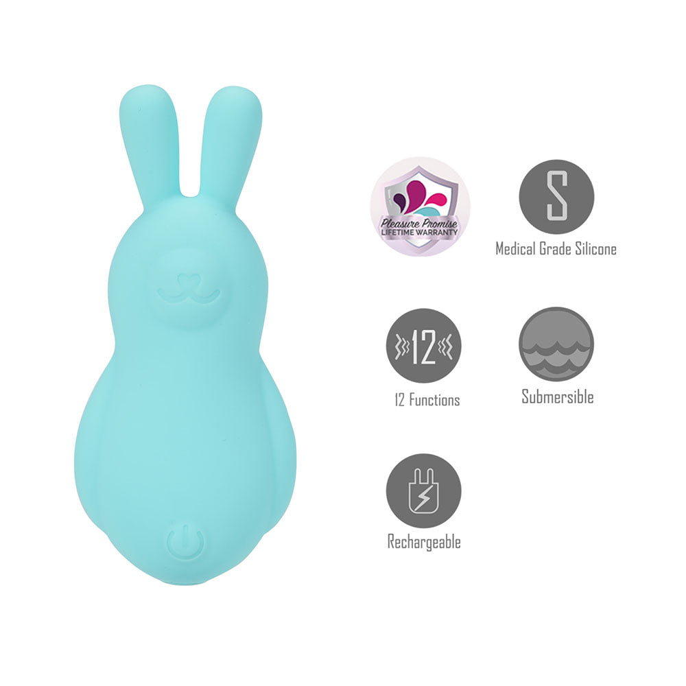 Maia BRI - Teal - Teal 9 cm USB Rechargeable Vibrating Bunny Bullet in medical grade silicone with 12 functions.