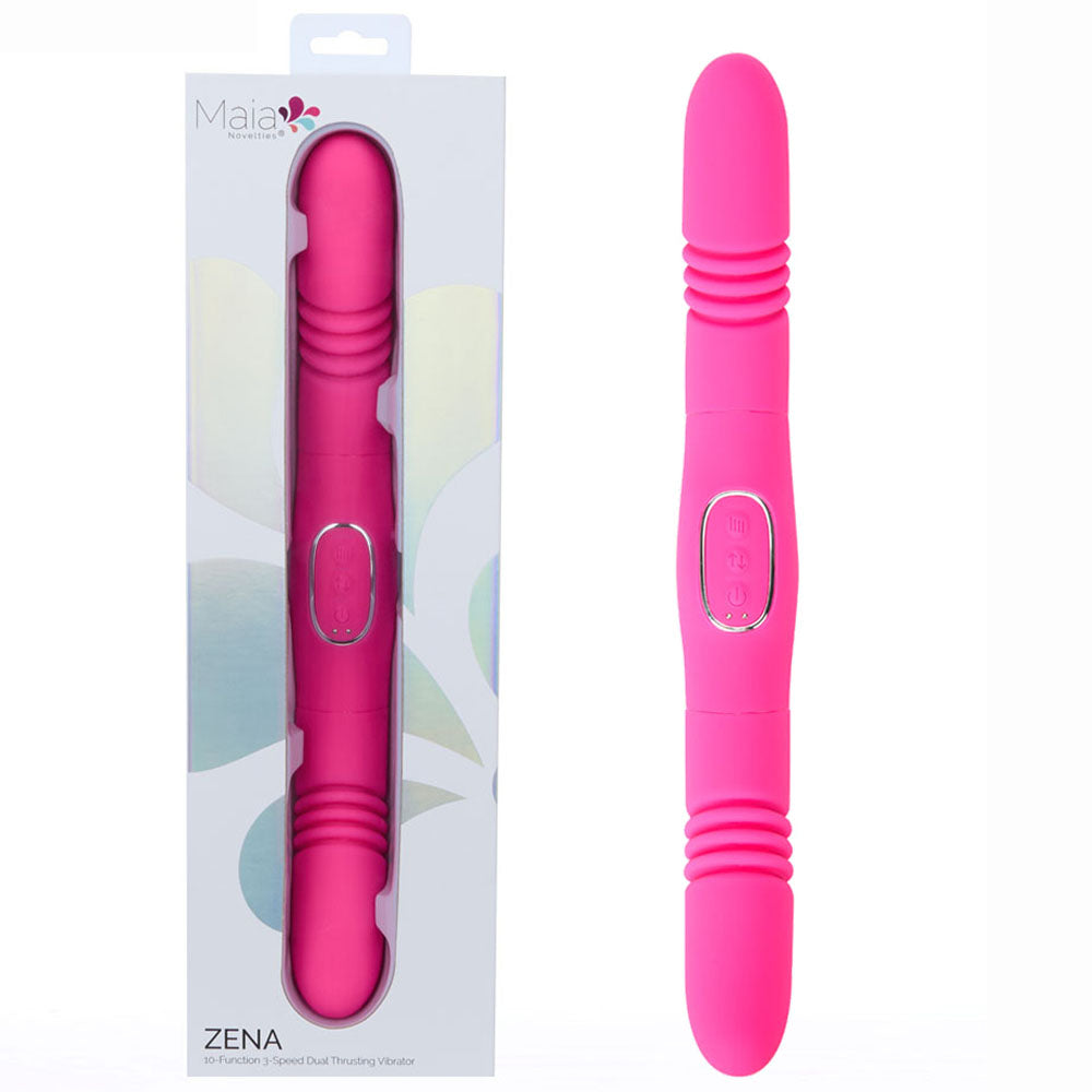 Maia ZENA -  -  35.5 cm USB Rechargeable Dual Thrusting Double Ended Vibrator shown in packaging, vibrant pink color.