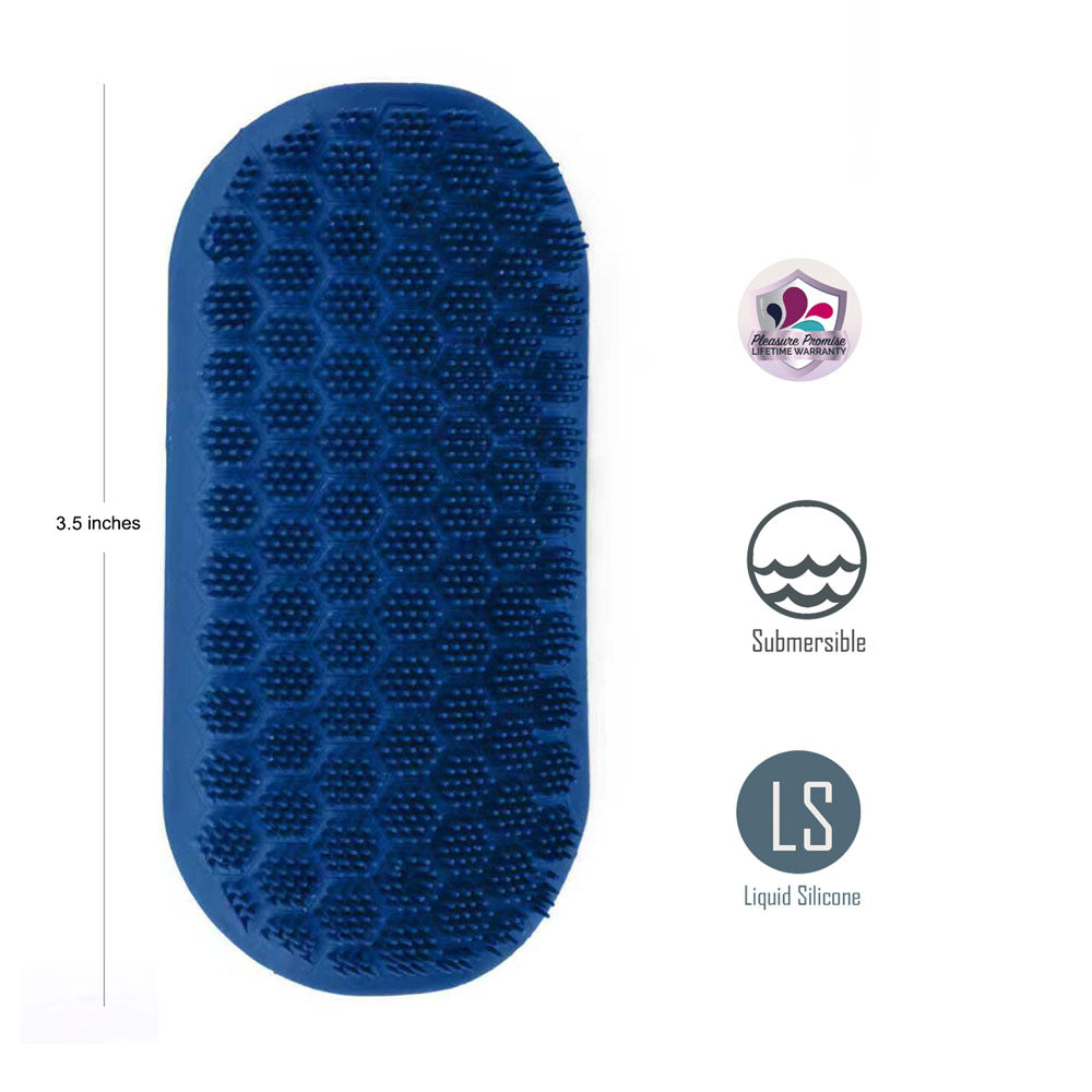 Maia MADDOX - Textured Stroker Sleeve in blue, showcasing its liquid silicone design and submersible features.