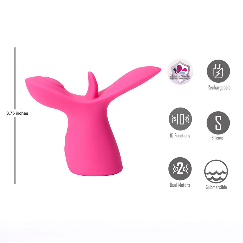 Maia OASIS -  -  USB Rechargeable Dual Motor Licking & Thumping Stimulator in pink silicone, showcasing ergonomic design and specs.