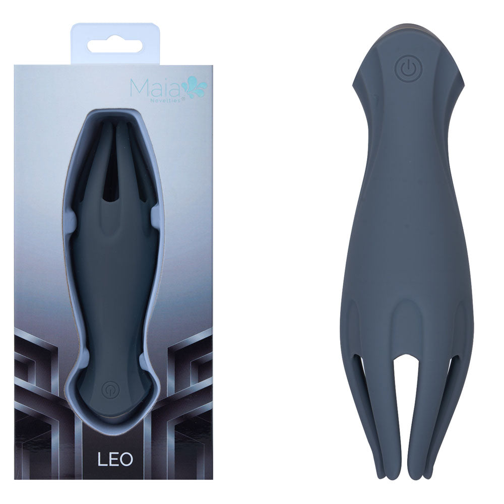 Maia LEO - Grey - Grey USB Rechargeable Penis Head Tickler in packaging, highlighting its sleek design.