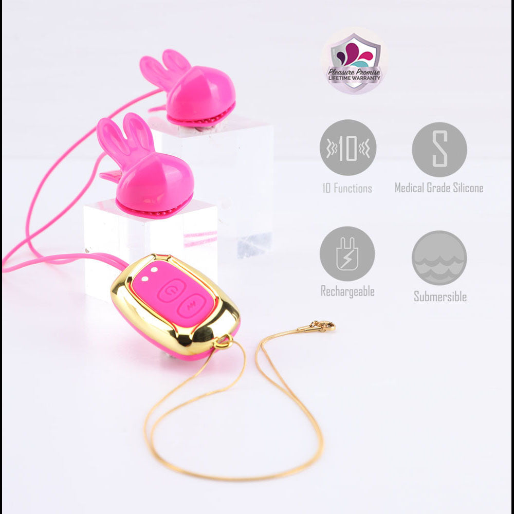Maia MOLLI -  -  USB Rechargeable Vibrating Nipple Clamps & Necklace with pink rabbit design and wireless remote.