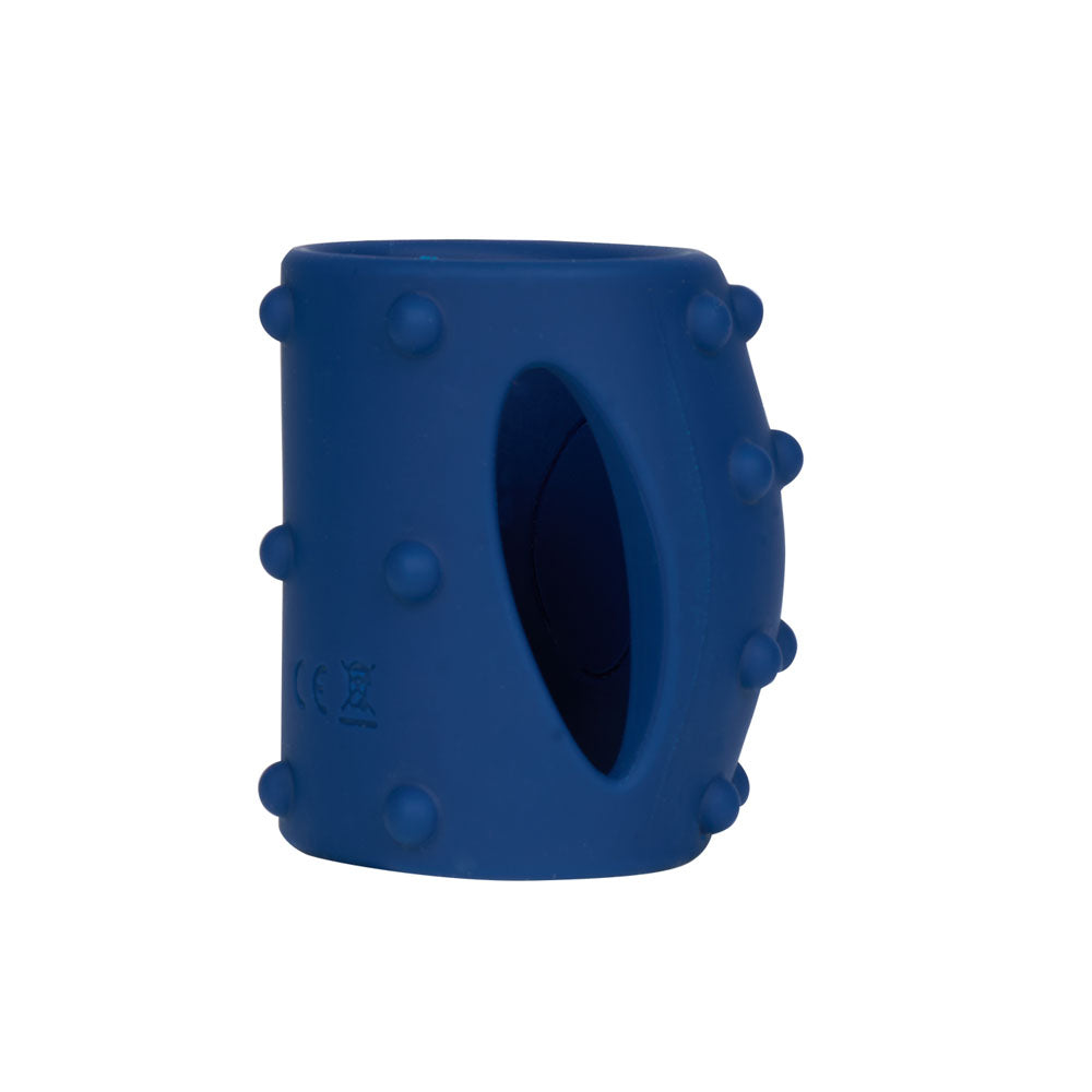 Maia ROMEO -  -  USB Rechargeable Vibrating Girth Enhancer Sleeve in blue silicone with textured design.