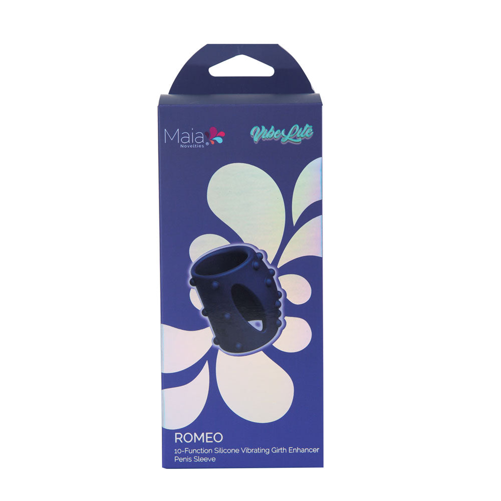 Maia ROMEO -  -  USB Rechargeable Vibrating Girth Enhancer Sleeve packaging with vibrant design.