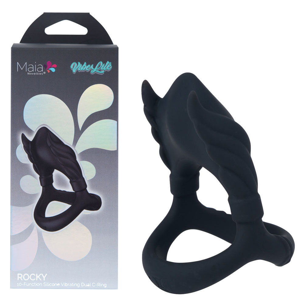 Maia ROCKY -  -  USB Rechargeable Vibrating Cock & Balls Ring in black silicone with unique double-ring design.