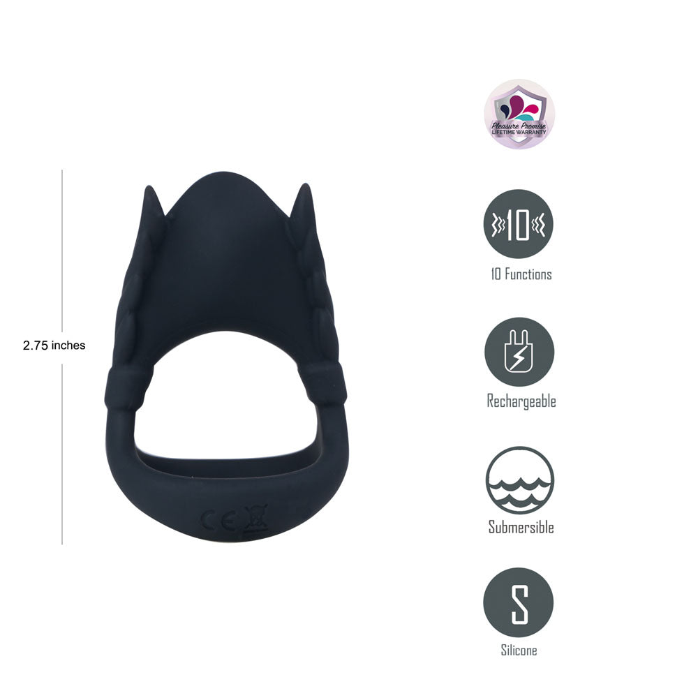 Maia ROCKY -  -  USB Rechargeable Vibrating Cock & Balls Ring showcasing its design, features, and silicone material.