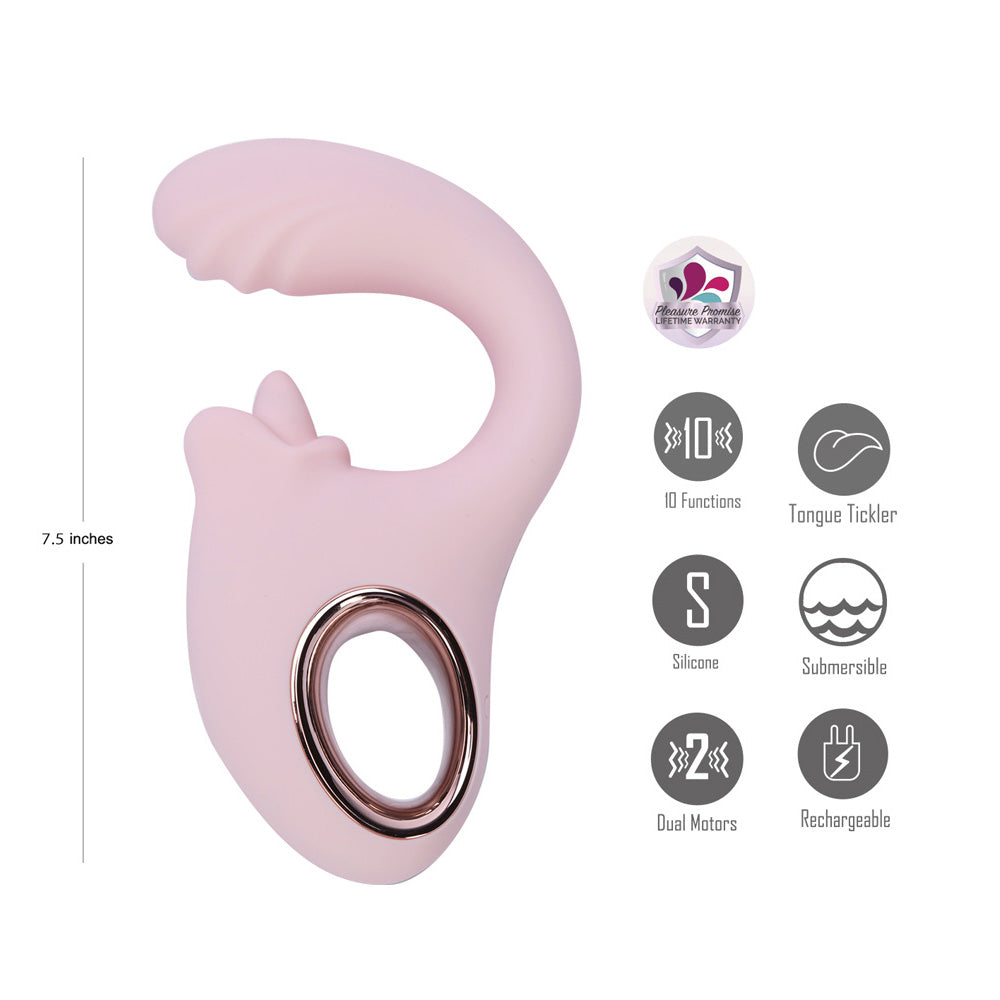 Maia JAYLEE -  -  USB Rechargeable Dual Motor Vibrator in pink with rose gold ring, featuring 10 functions and tongue tickler.