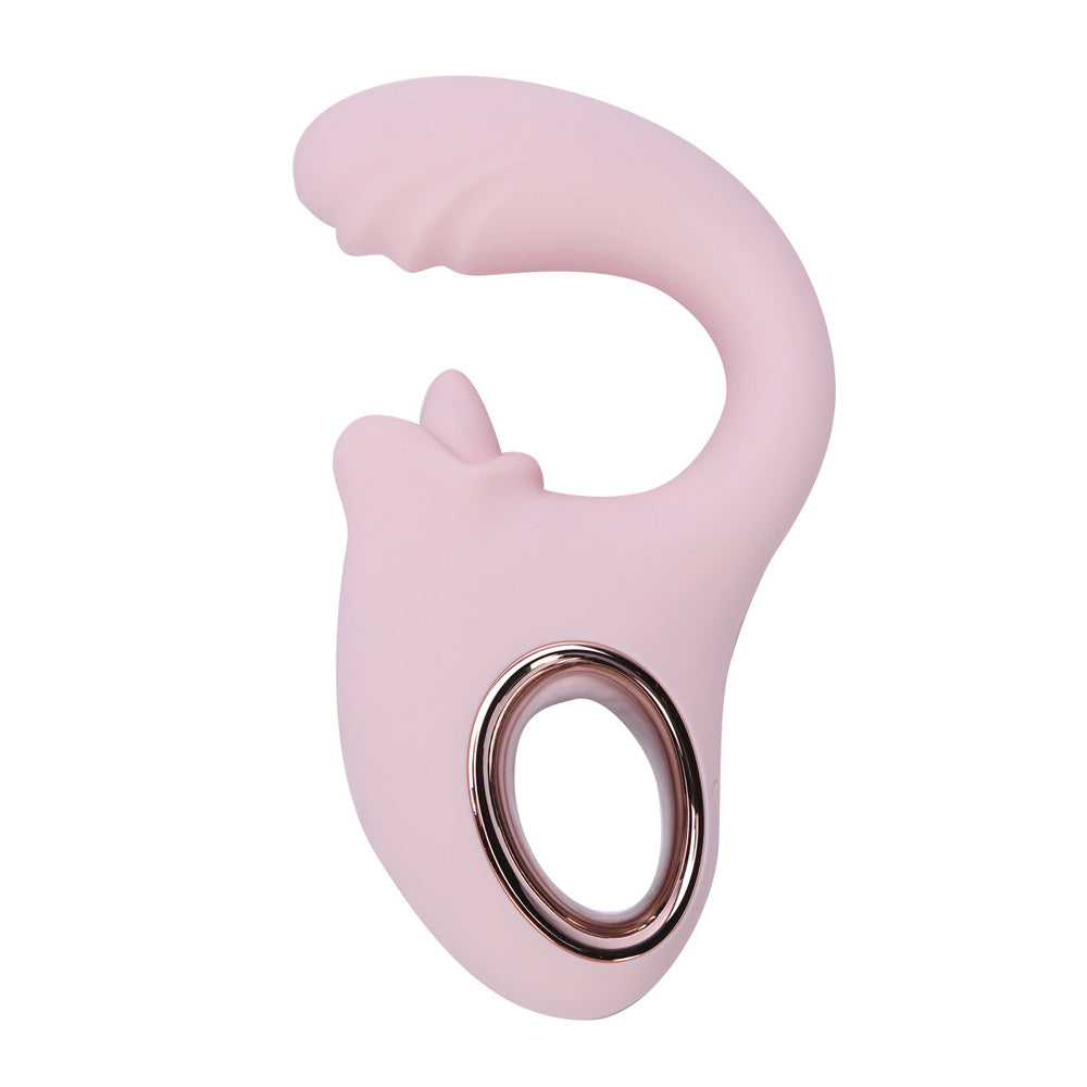 Maia JAYLEE -  -  USB Rechargeable Dual Motor Vibrator in pink with rose gold ring for intimate essentials.