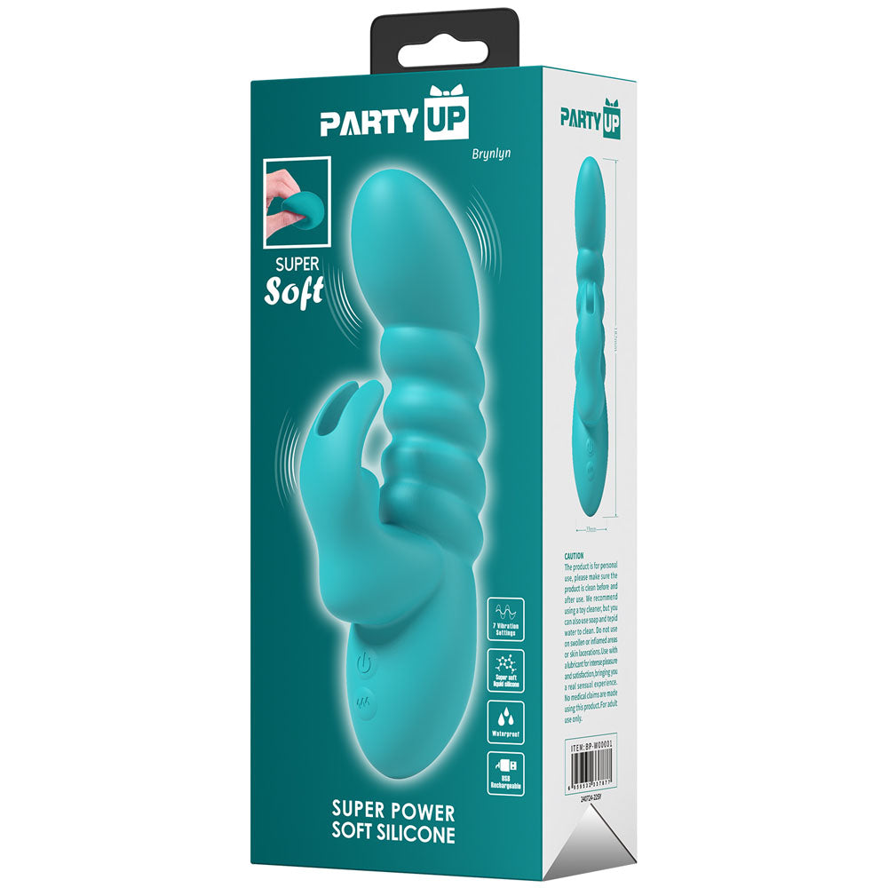 Party Up BRYNLYN - Teal - Teal 18.2 cm USB Rechargeable Rabbit Vibrator packaging showcasing super soft silicone design.