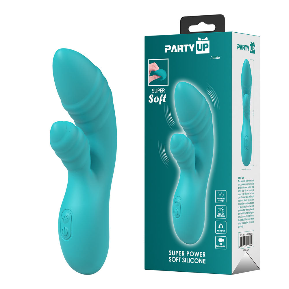 Party Up DALIDA - Teal - Teal 16.2 cm USB Rechargeable Rabbit Vibrator in packaging, offering powerful vibes and soft silicone.