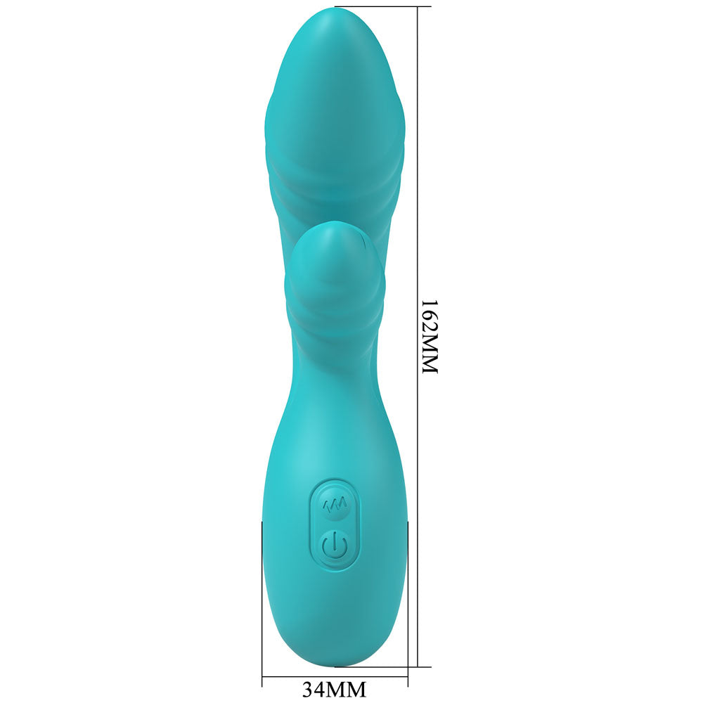 Party Up DALIDA - Teal - Teal 16.2 cm USB Rechargeable Rabbit Vibrator dimensions and design details.