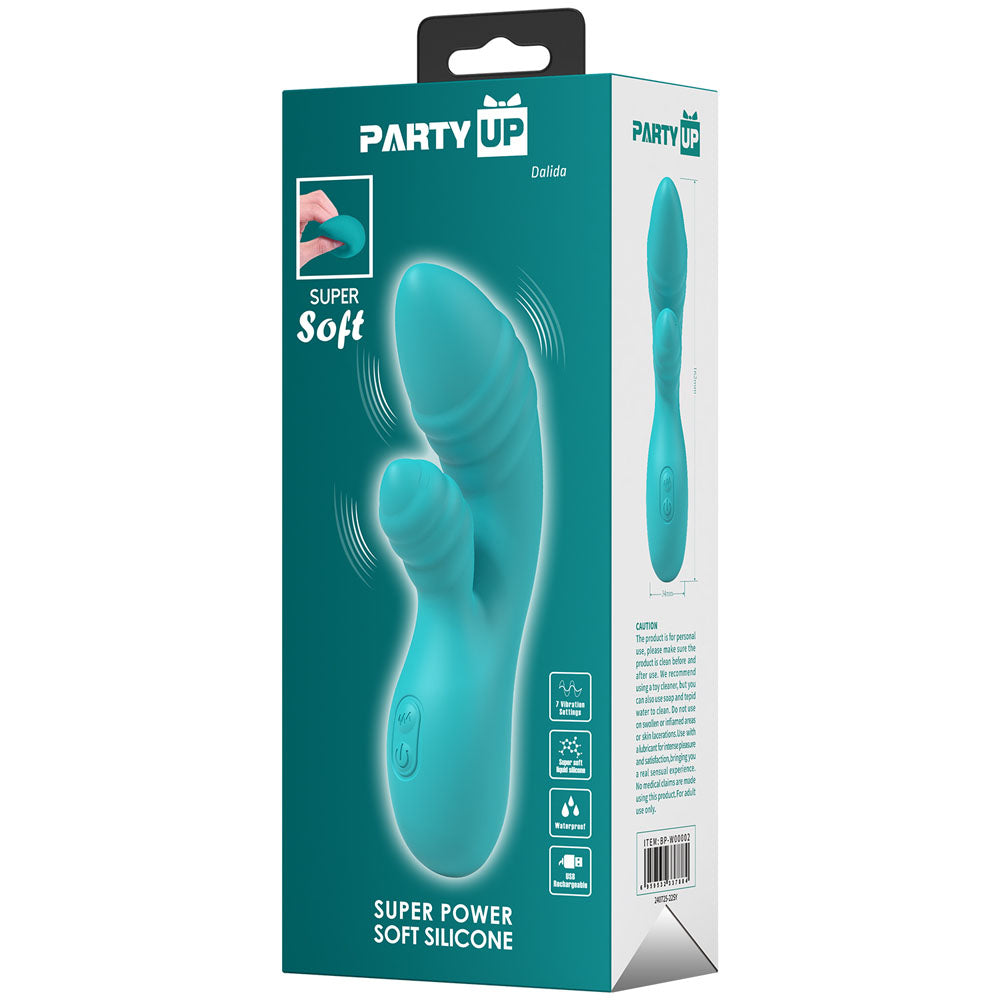 Party Up DALIDA - Teal - Teal 16.2 cm USB Rechargeable Rabbit Vibrator packaging with super soft silicone.