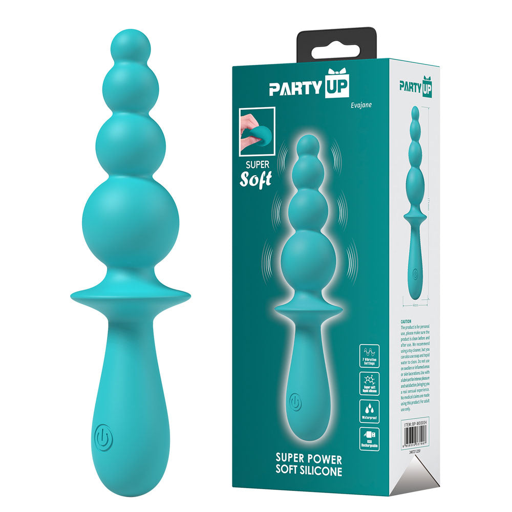 Party Up EVAJANE - Teal - Teal 17.1 cm USB Rechargeable Beaded Vibrator packaging and product image.