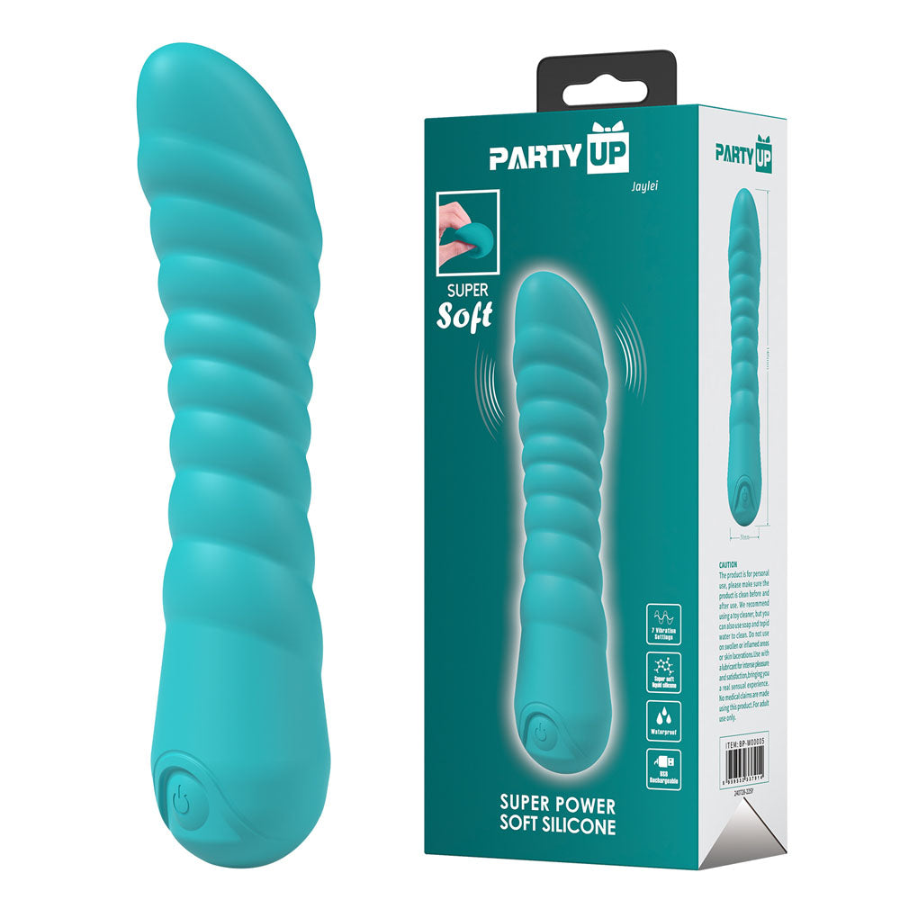 Party Up JAYLEI - Teal - Teal 14.6 cm USB Rechargeable Vibrator alongside packaging.
