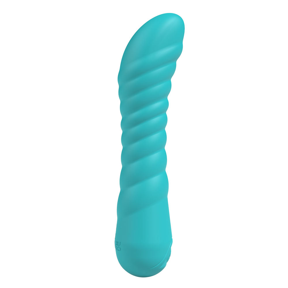 Party Up JAYLEI - Teal - Teal 14.6 cm USB Rechargeable Vibrator, ribbed texture for enhanced stimulation.