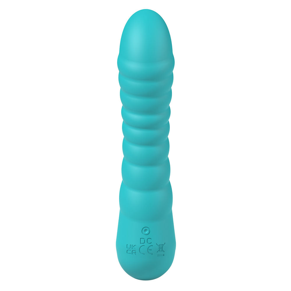Party Up JAYLEI - Teal - Teal 14.6 cm USB Rechargeable Vibrator, super soft and ribbed for stimulation.