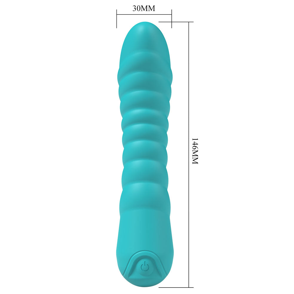 Party Up JAYLEI - Teal - Teal 14.6 cm USB Rechargeable Vibrator with ribbed texture and button control.