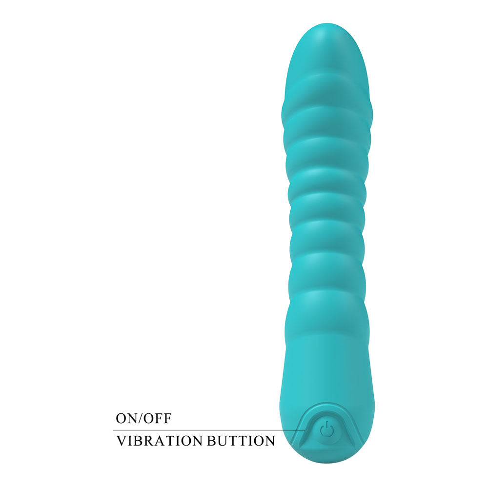 Party Up JAYLEI - Teal - Teal 14.6 cm USB Rechargeable Vibrator with ribbed texture and vibration button.
