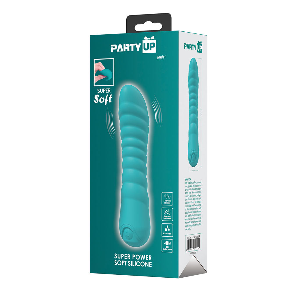 Party Up JAYLEI - Teal - Teal 14.6 cm USB Rechargeable Vibrator packaging with soft silicone design.