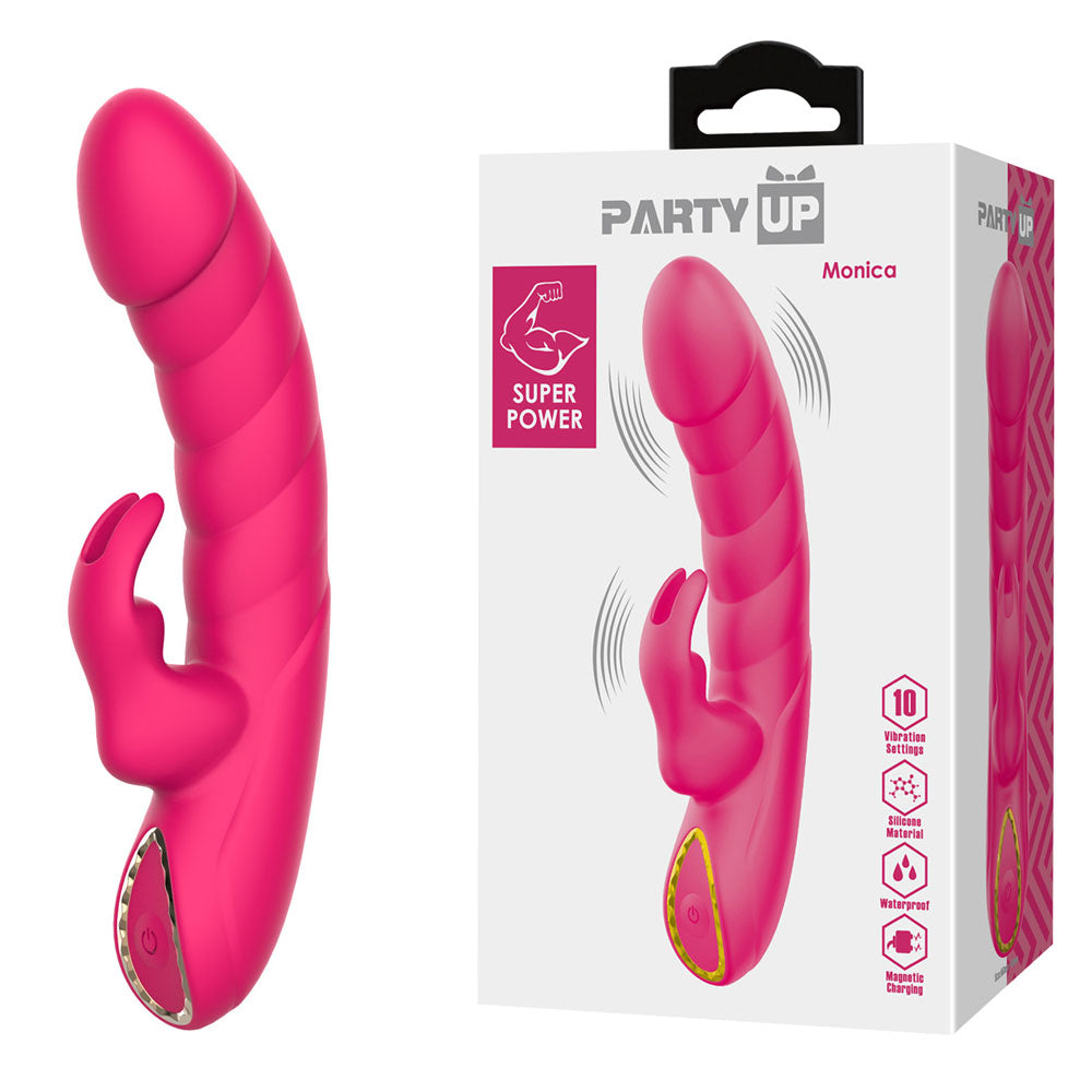 Party Up MONICA -  -  15.8 cm USB Rechargeable Rabbit Vibrator in pink packaging with features highlighted.