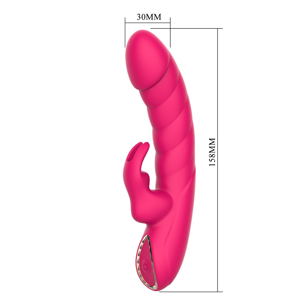 Party Up MONICA -  -  15.8 cm USB Rechargeable Rabbit Vibrator in vibrant pink, showcasing its sleek design and dimensions.