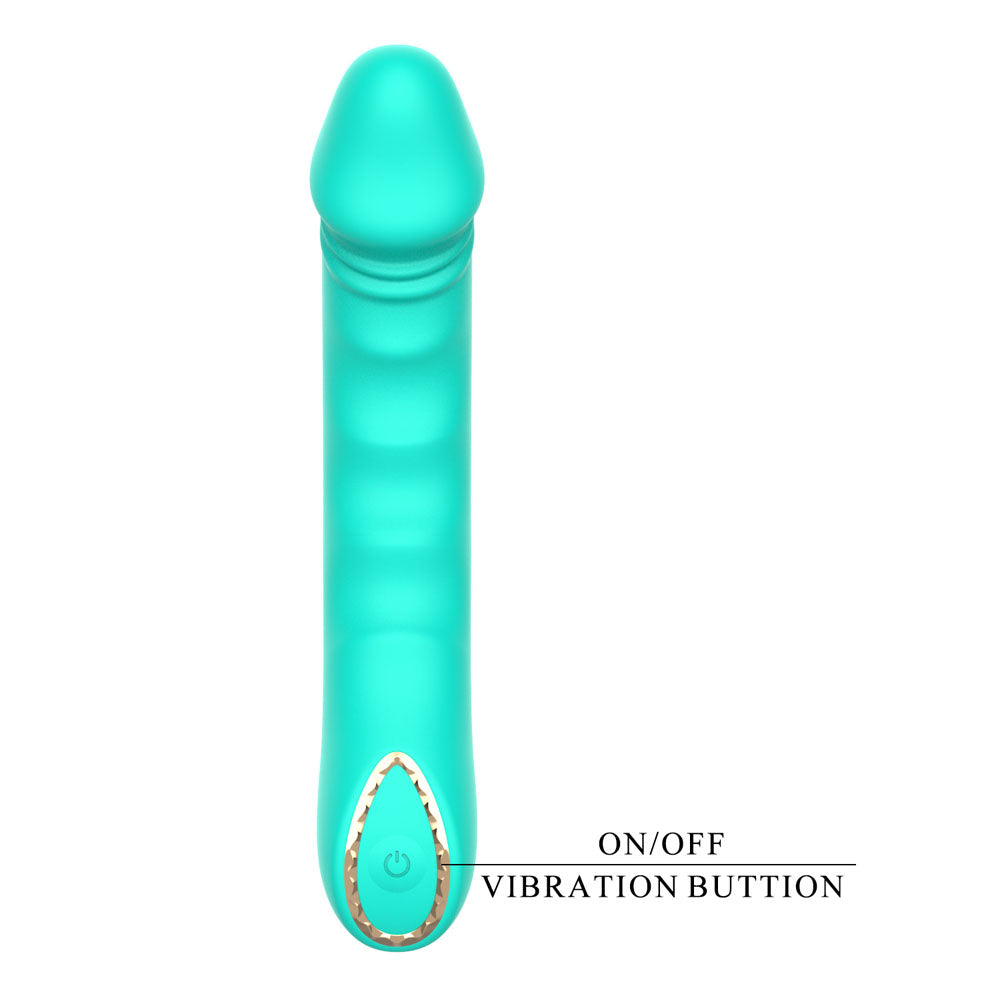 Party Up NIKI - Teal - Teal 15.4 cm USB Rechargeable Vibrator with vibration button and smooth silicone design.