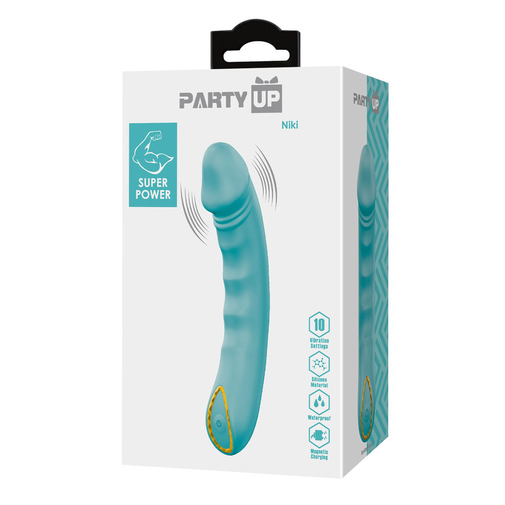 Party Up NIKI - Teal - Teal 15.4 cm USB Rechargeable Vibrator packaging showcasing super power and 10 vibration modes.