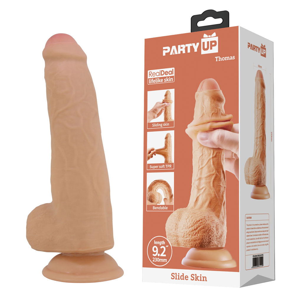 Party Up THOMAS Slide Skin Dong -  23 cm Flexible Dildo in lifelike skin with suction cup base for realism.