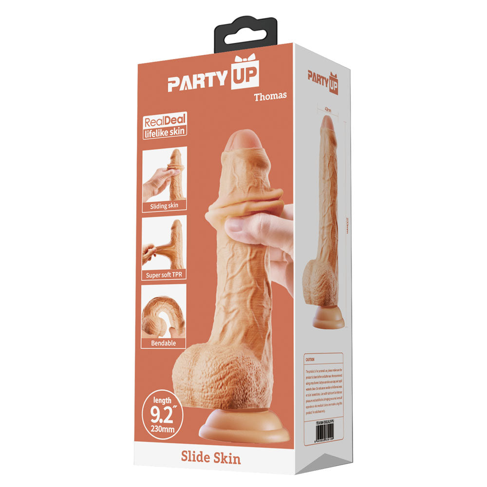 Party Up THOMAS Slide Skin Dong - 23 cm Flexible Dildo packaging showcasing lifelike texture and features.