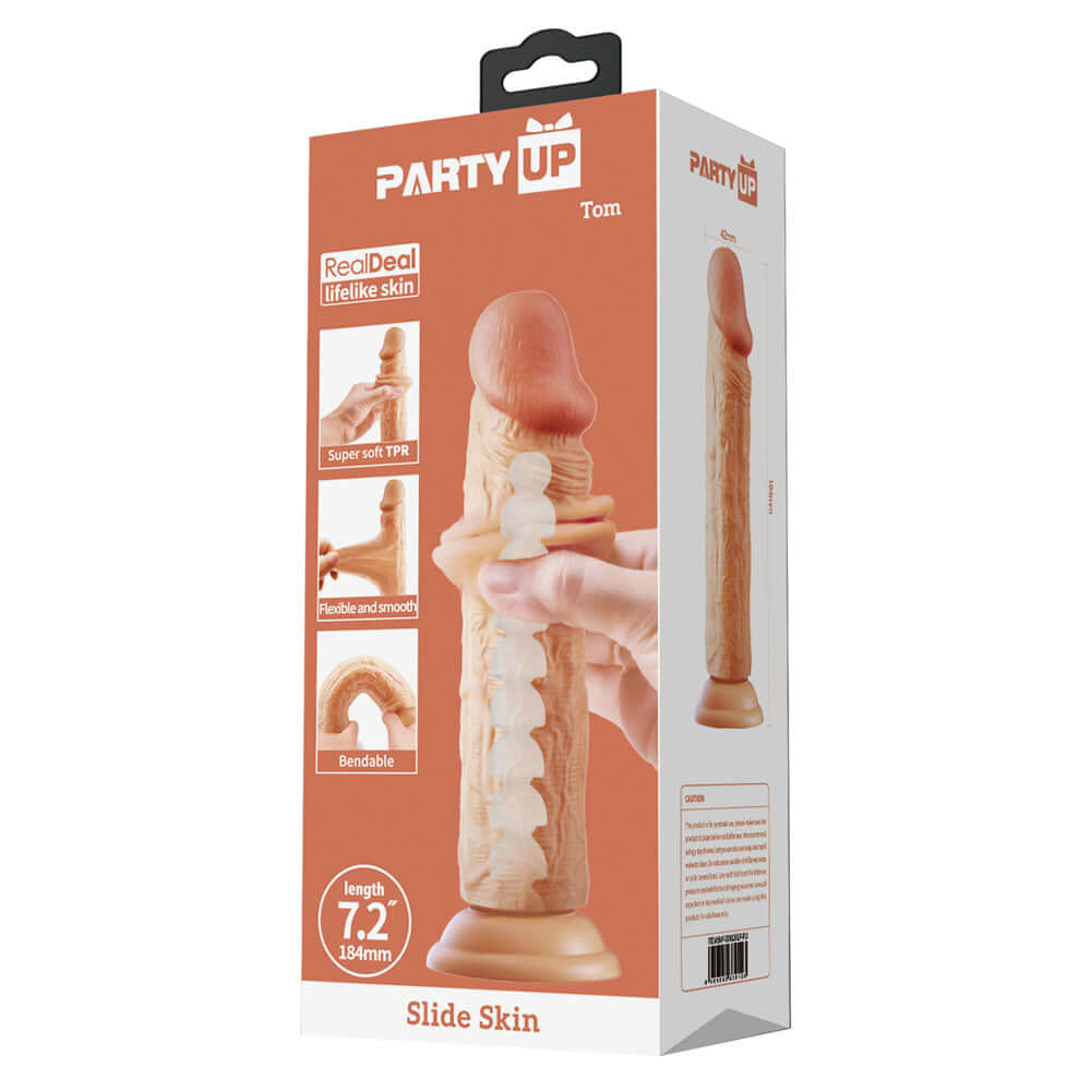 Party Up TOM Slide Skin Dong - 18.4 cm Flexible Dildo packaging showcasing realistic design and features.