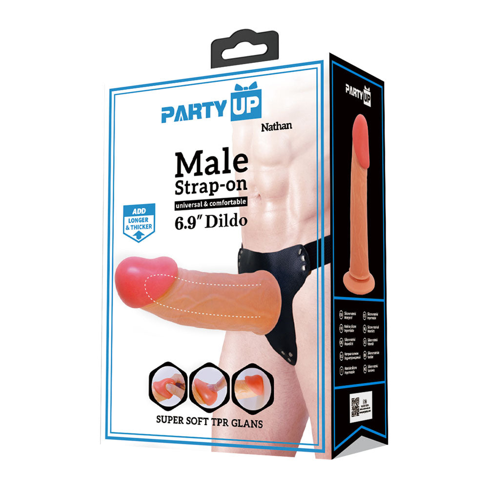 Party Up NATHAN Strap-On - 17.5 cm Hollow Strap-On packaging with super soft TPR glans and adjustable straps.