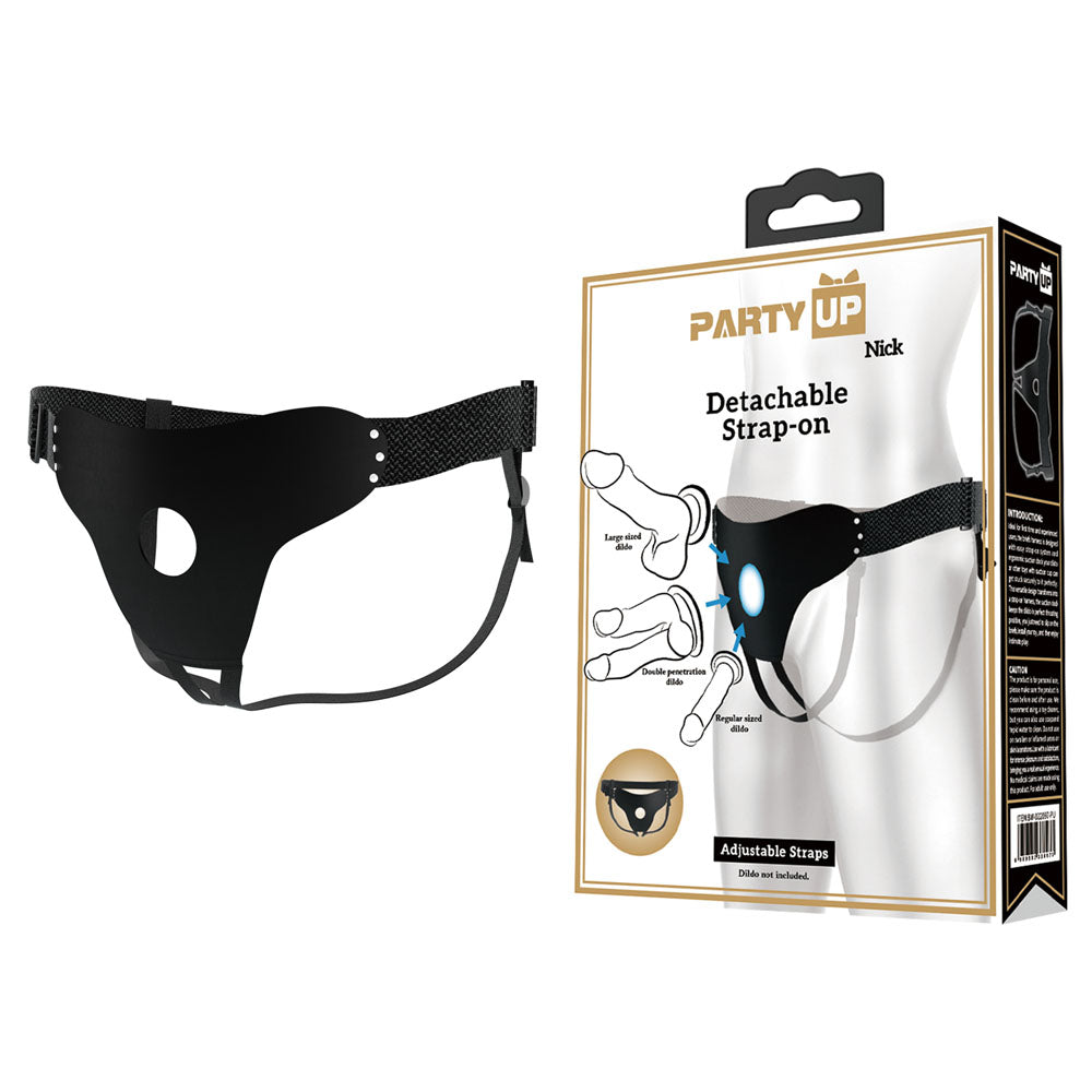 Party Up NICK Strap-On Harness -  Adjustable Strap-On Harness (No Probe Included) with detachable straps and packaging.