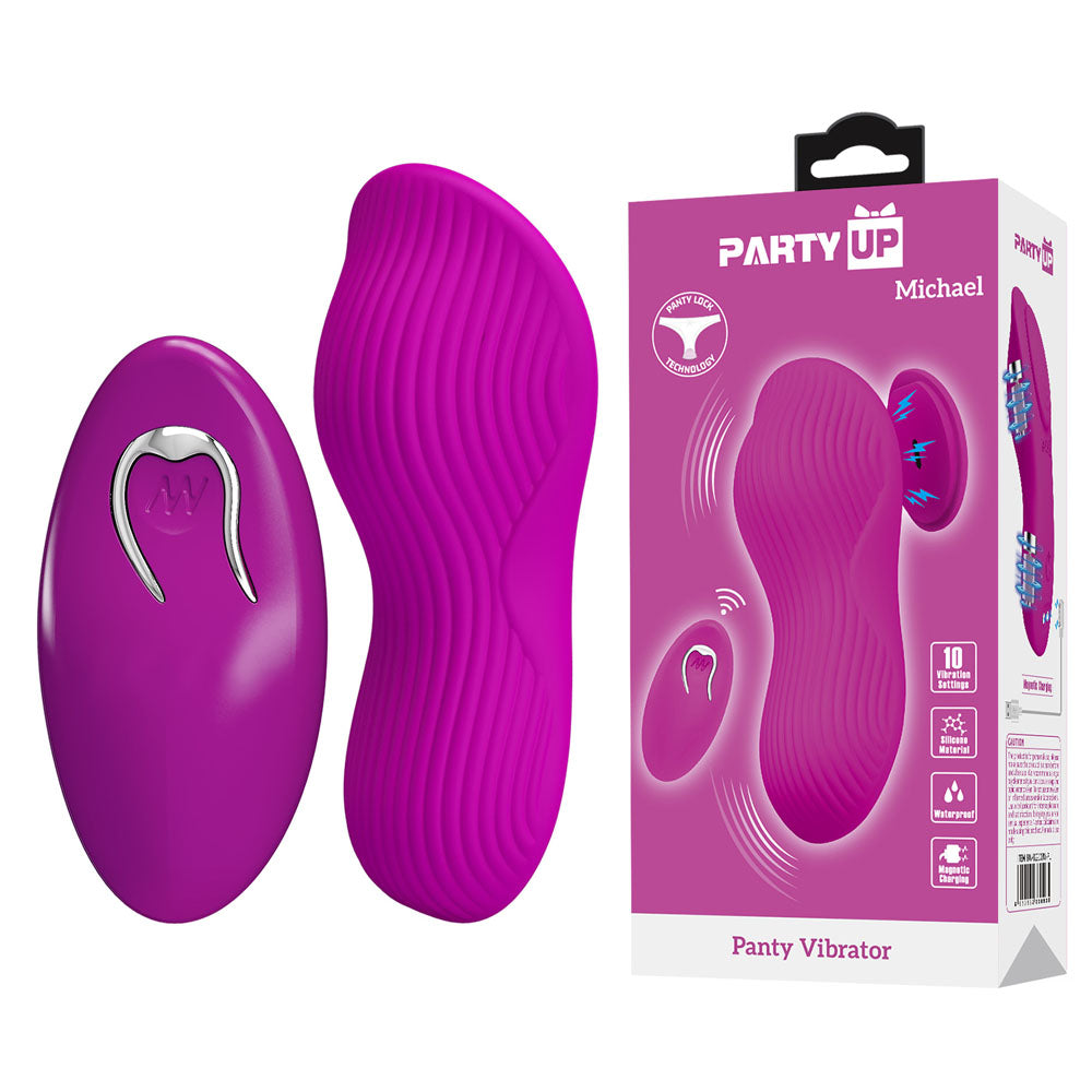 Party Up MICHAEL Panty Vibe -  -  USB Rechargeable Panty Vibrator with Wireless Remote Control with packaging and product design.