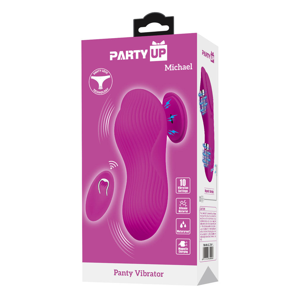 Party Up MICHAEL Panty Vibe -  -  USB Rechargeable Panty Vibrator with Wireless Remote Control packaging, vibrant pink design.