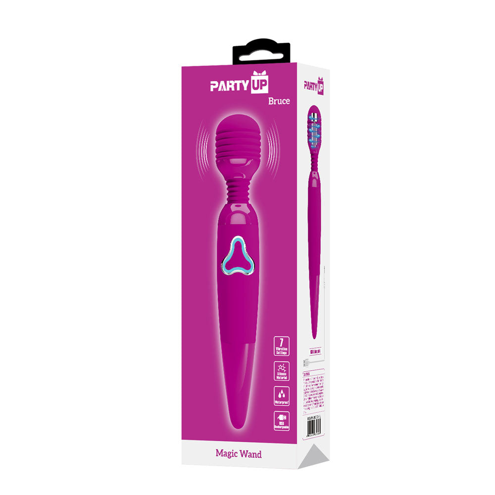 Party Up BRUCE Wand -  -  25 cm USB Rechargeable Massage Wand packaged in vibrant pink box.