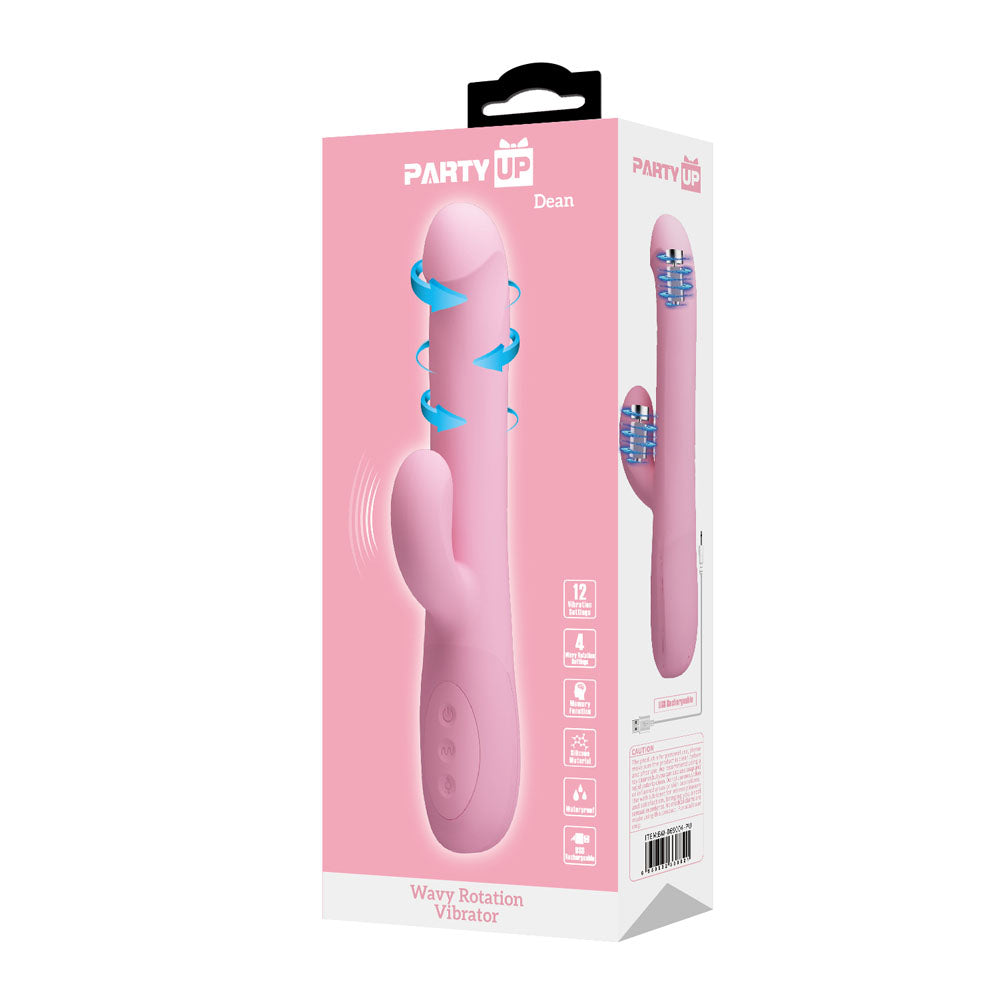 Party Up DEAN Wavy Rotation Vibe -  -  23.8 cm USB Rechargeable Rotating Rabbit Vibrator packaging image.