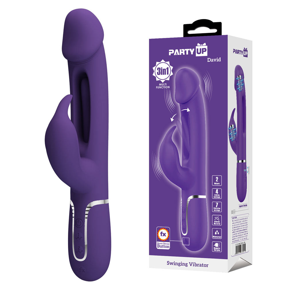 Party Up DAVID Swinging Vibe -  -  23.2 cm USB Rechargeable Rabbit Vibrator with Flicking Arm in purple packaging.