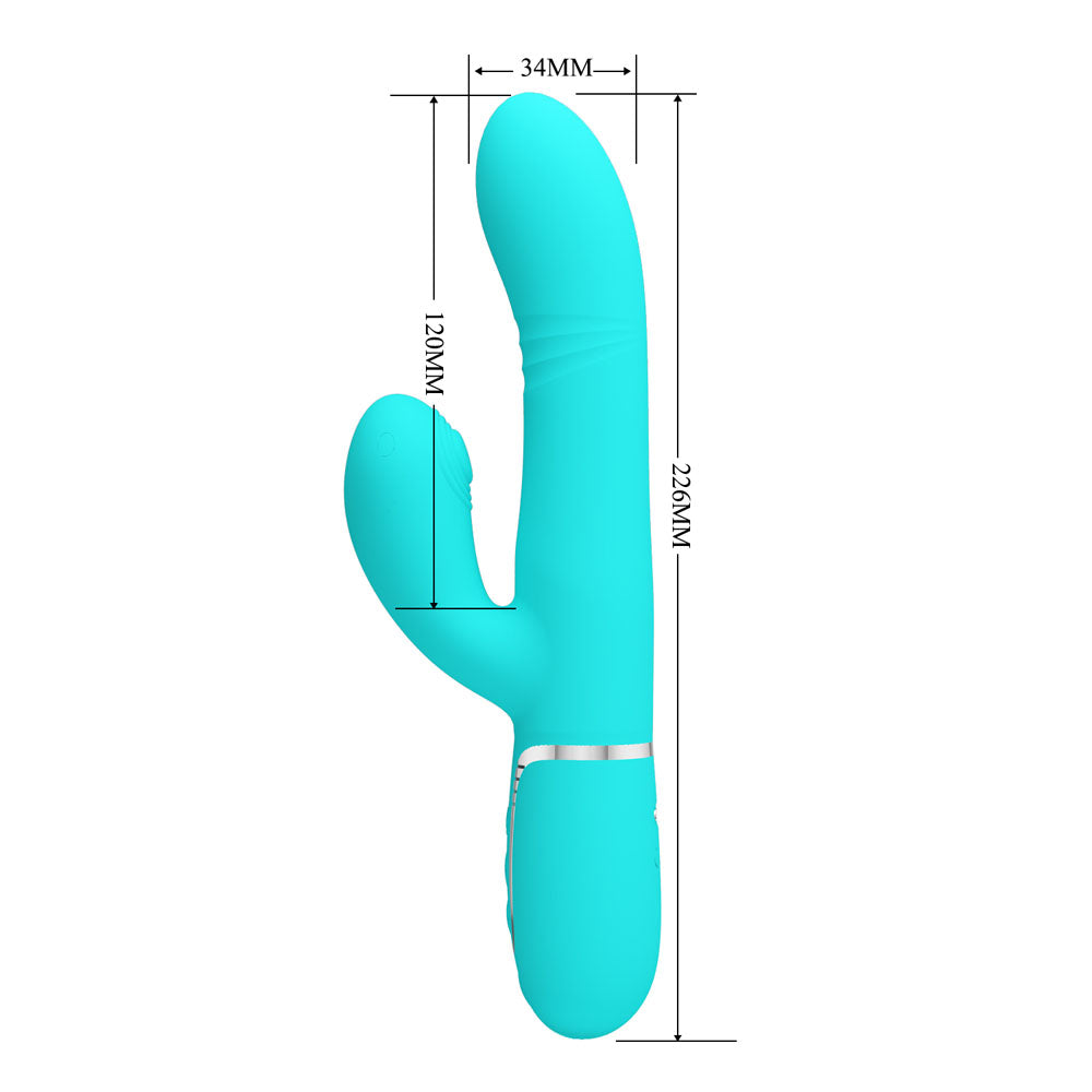 Party Up PAUL Rolling Beads Vibrator - Teal - Teal 22.6 cm USB Rechargeable Thrusting Rabbit Vibrator dimensions.