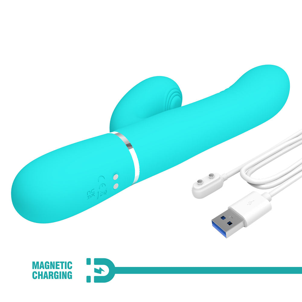 Party Up PAUL Rolling Beads Vibrator - Teal - Teal 22.6 cm USB Rechargeable Thrusting Rabbit Vibrator with charging cable.
