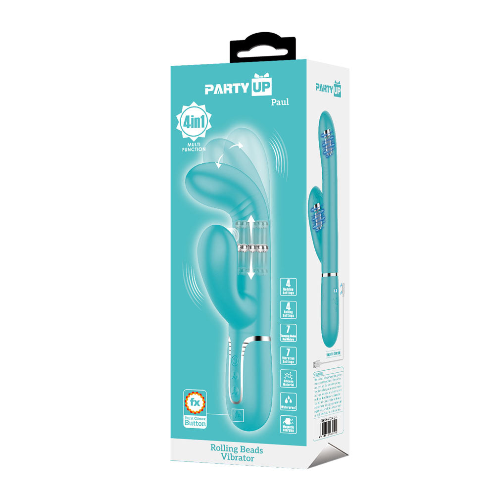 Party Up PAUL Rolling Beads Vibrator - Teal - Teal 22.6 cm USB Rechargeable Thrusting Rabbit Vibrator packaging.