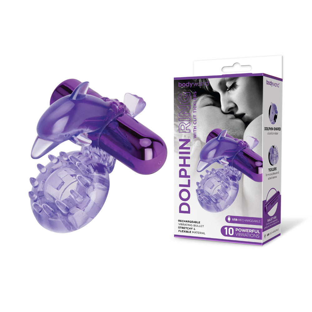 Bodywand Rechargeable Dolphin Ring with Clit Ticklers - USB Rechargeable Vibrating Cock Ring with box and toy.