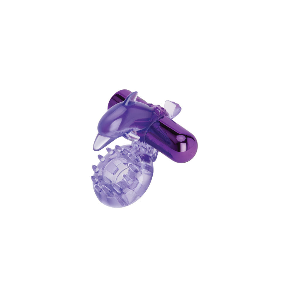Bodywand Rechargeable Dolphin Ring with Clit Ticklers -  USB Rechargeable Vibrating Cock Ring in purple with textured design.