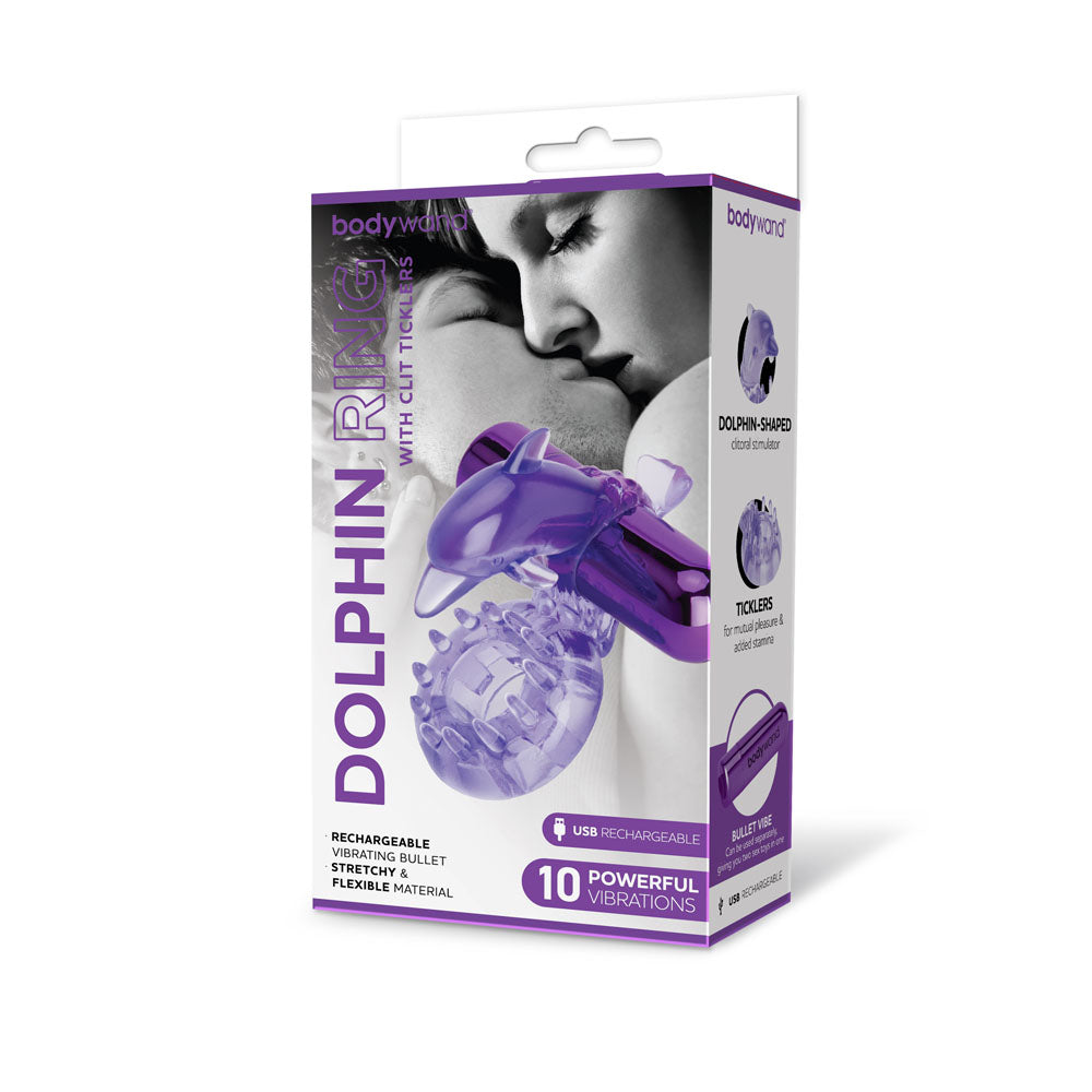 Bodywand Rechargeable Dolphin Ring with Clit Ticklers - USB Rechargeable Vibrating Cock Ring packaging featuring purple design.