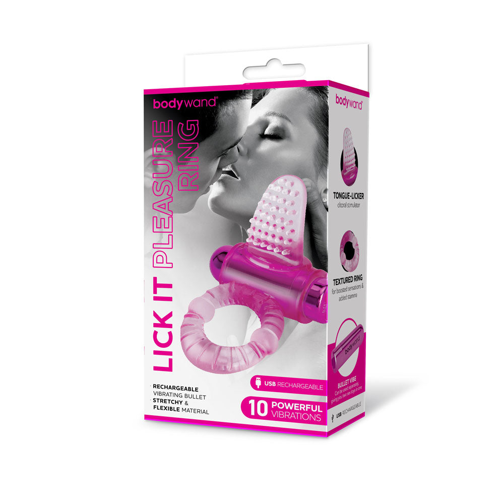 Bodywand Rechargeable Lick It Pleasure Ring -  USB Rechargeable Vibrating Cock Ring packaging with 10 powerful vibrations.