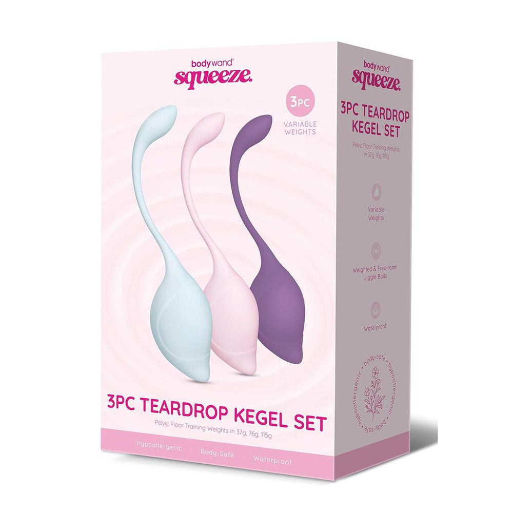 Bodywand Squeeze 3pc Teardrop Kegel Set - Weighted Kegel Set - 3 Piece Kit packaging image with variable weights.