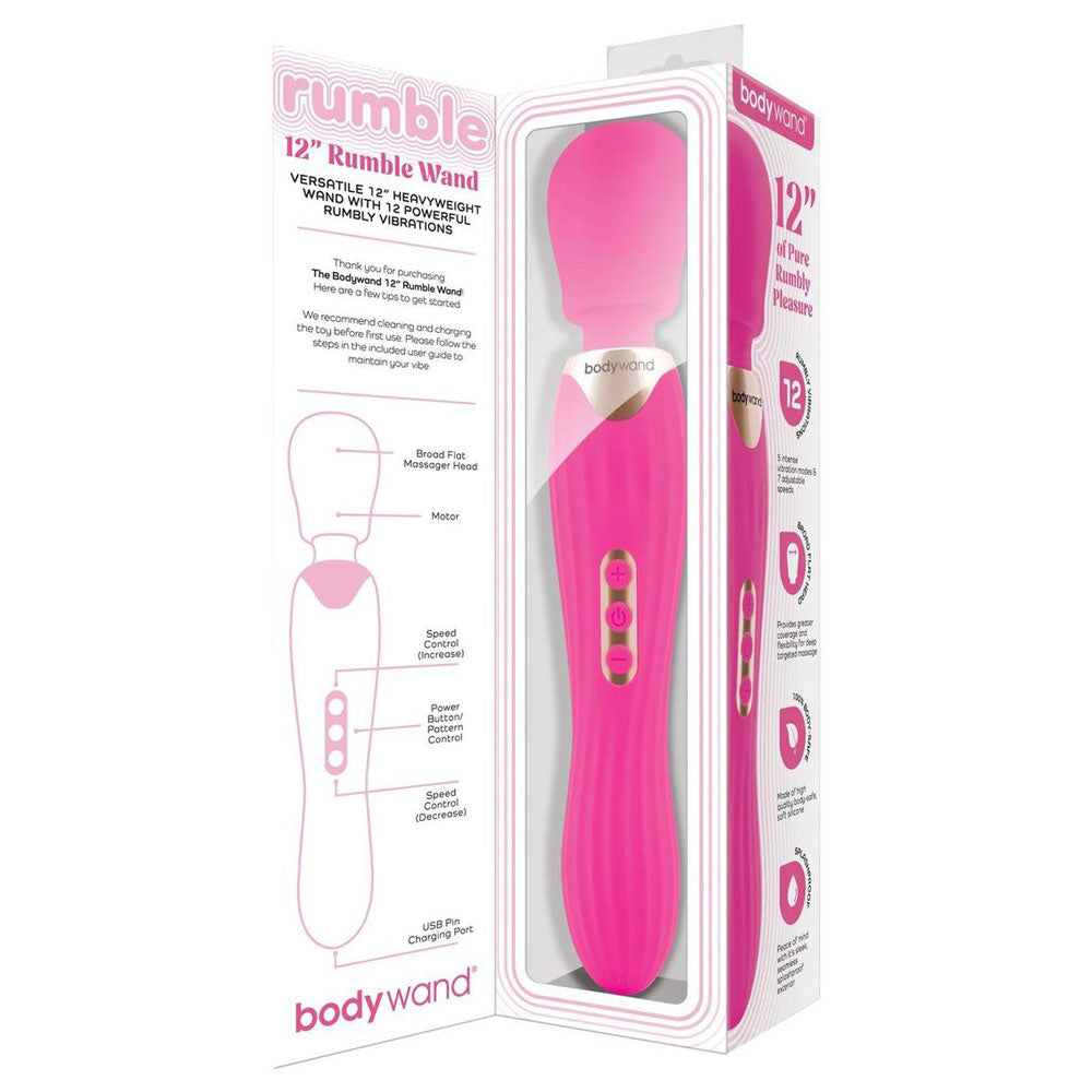 Bodywand RUMBLE WAND 12 Inch - Hot  - Hot  30 cm USB Rechargeable Massage Wand packaging and features display.